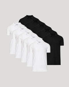 True ClassicBlack & White Tall Classic Polo 10-Pack, staggered display of white and black shirts.