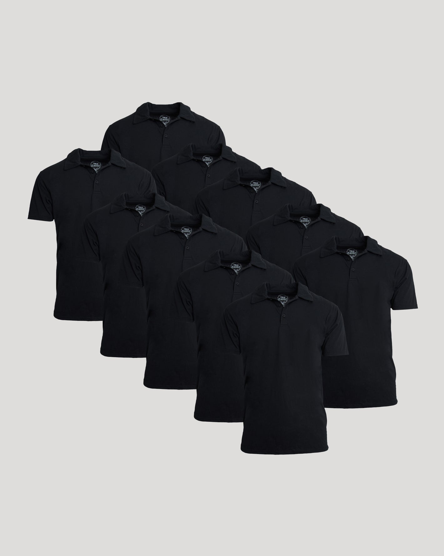 All Black Classic Polo 10-Pack neatly arranged on light gray background.