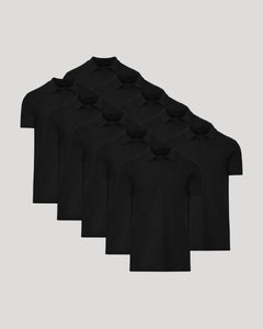 True ClassicAll Black Tall Classic Polo 10-Pack overlapping, showcasing simple collared design.