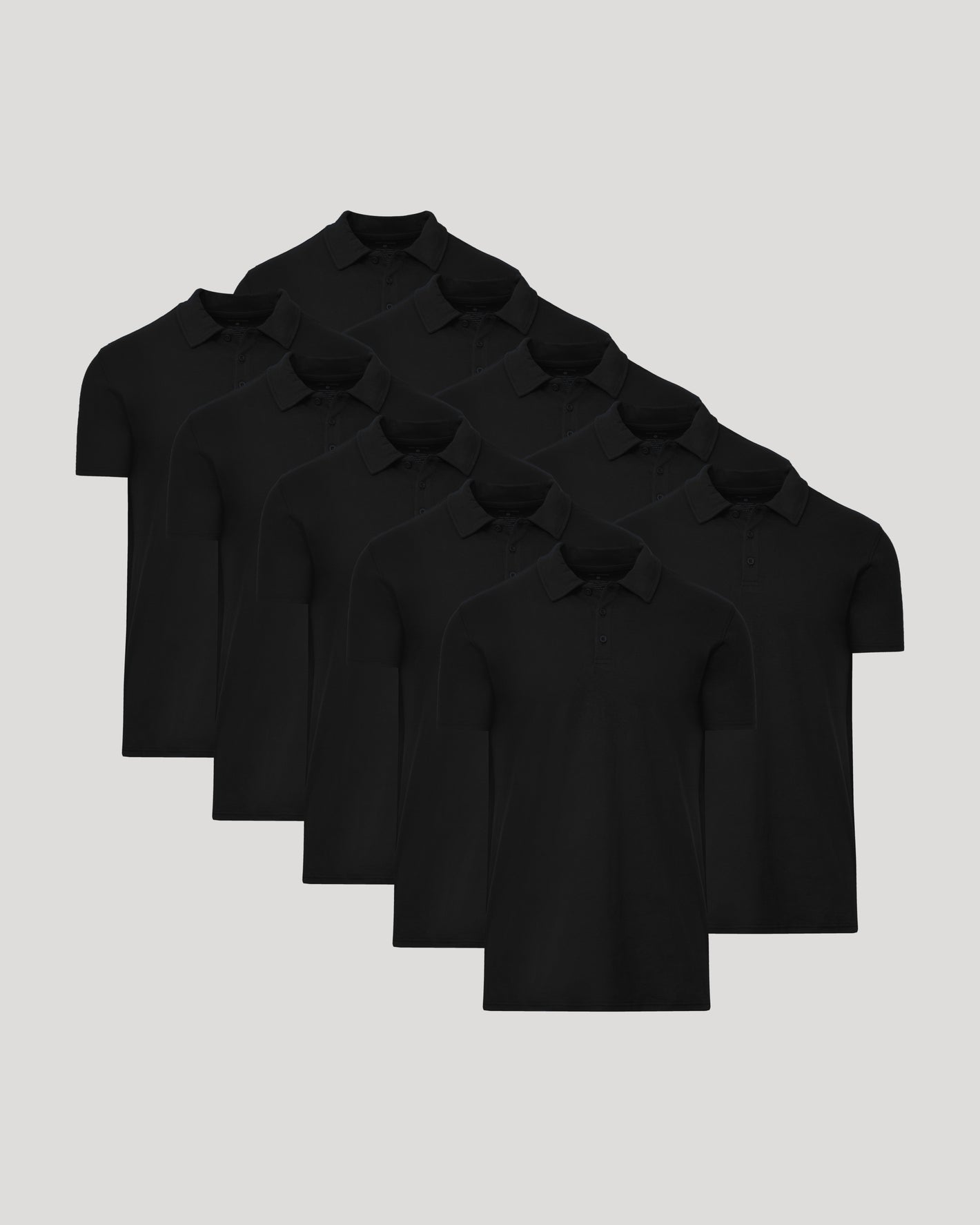 All Black Tall Classic Polo 10-Pack overlapping, showcasing simple collared design.