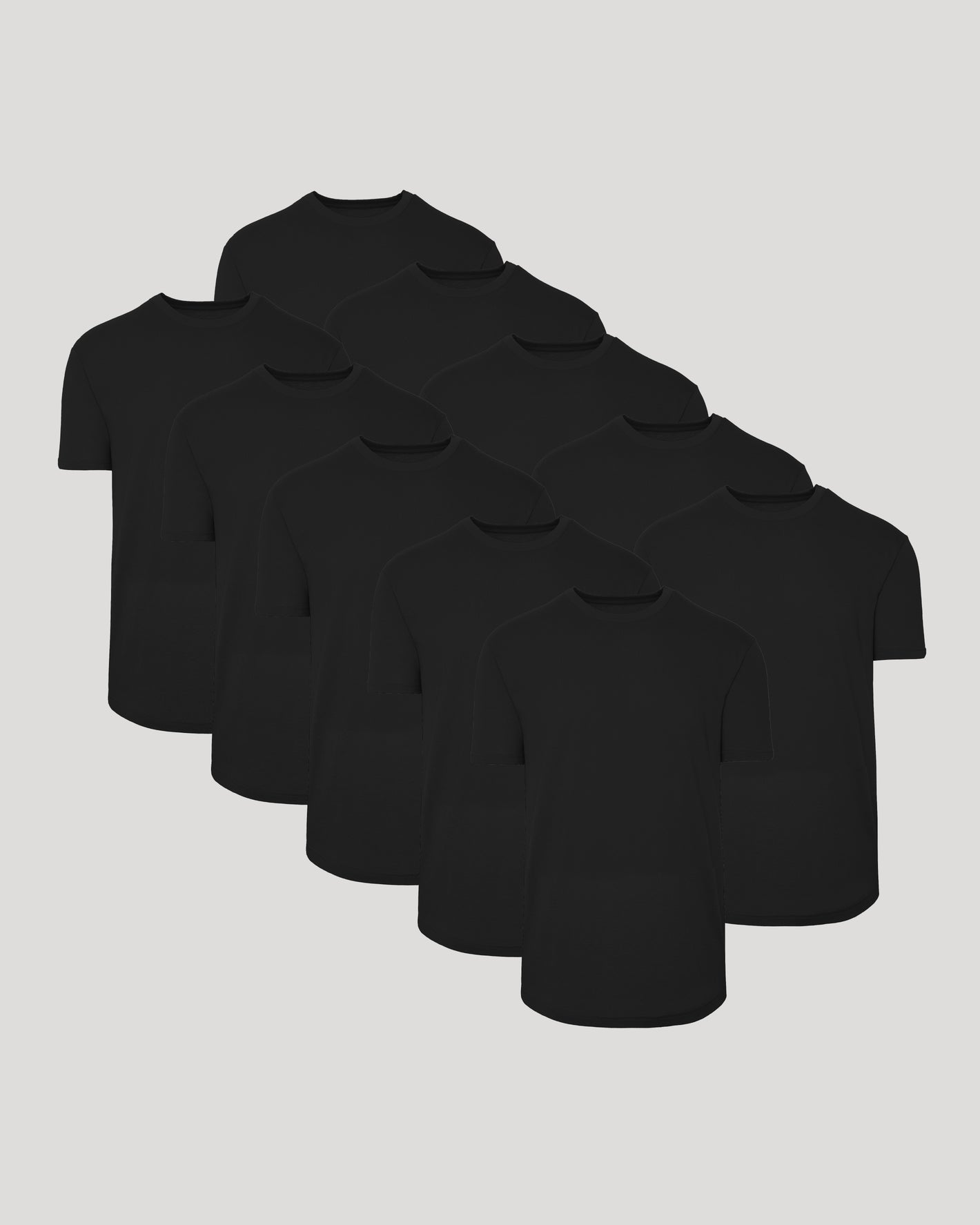 All Black Curved Hem Classic Crew Neck 10-Pack, staggered layout.