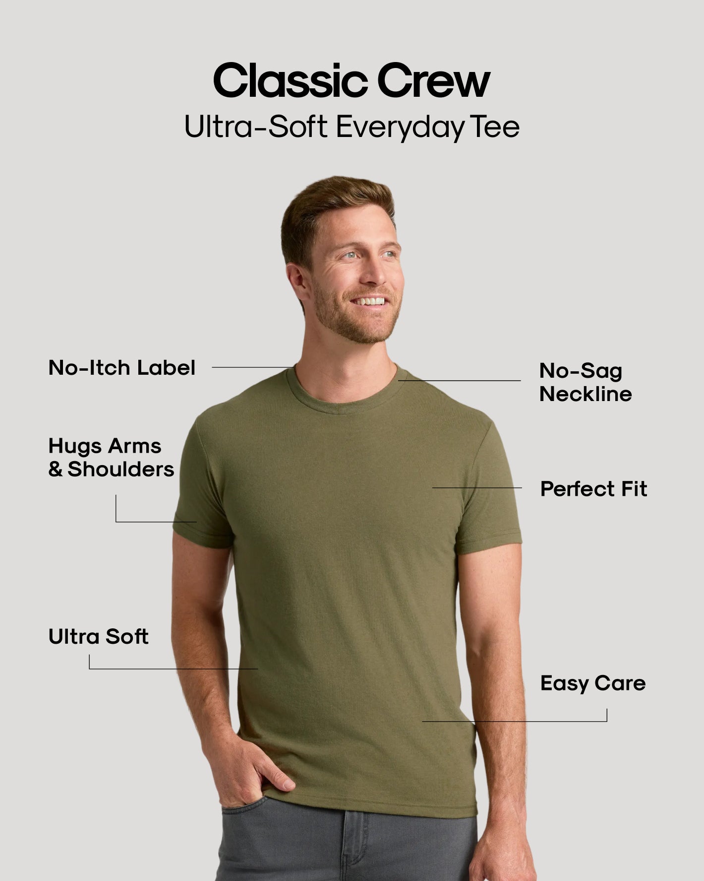 Model in olive crew-neck tee, showcasing Black Friday Classic Crew Flash Deal 9-Pack.