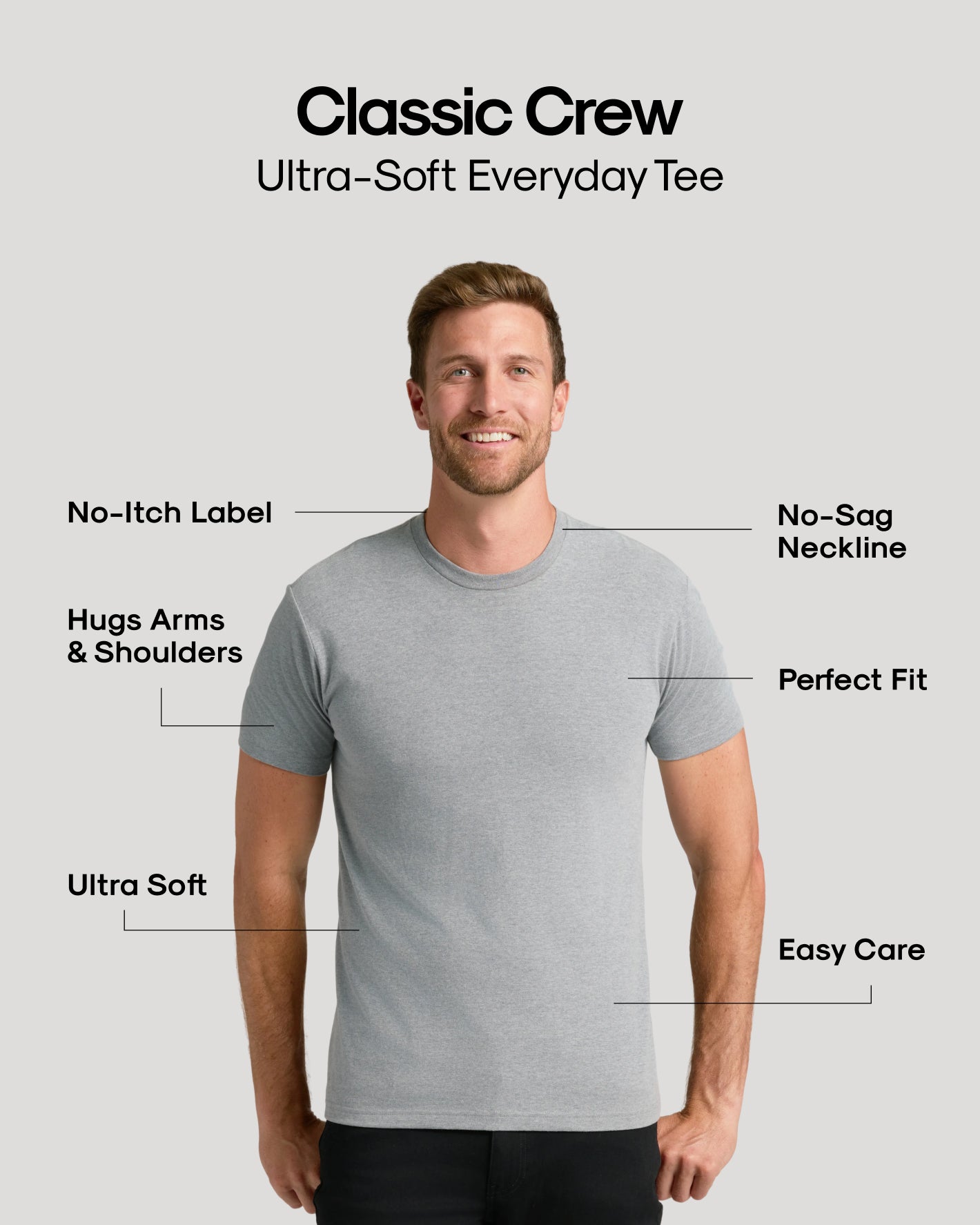 Classic Crew Ultra-Soft Everyday Tee worn by smiling model, highlighting features.