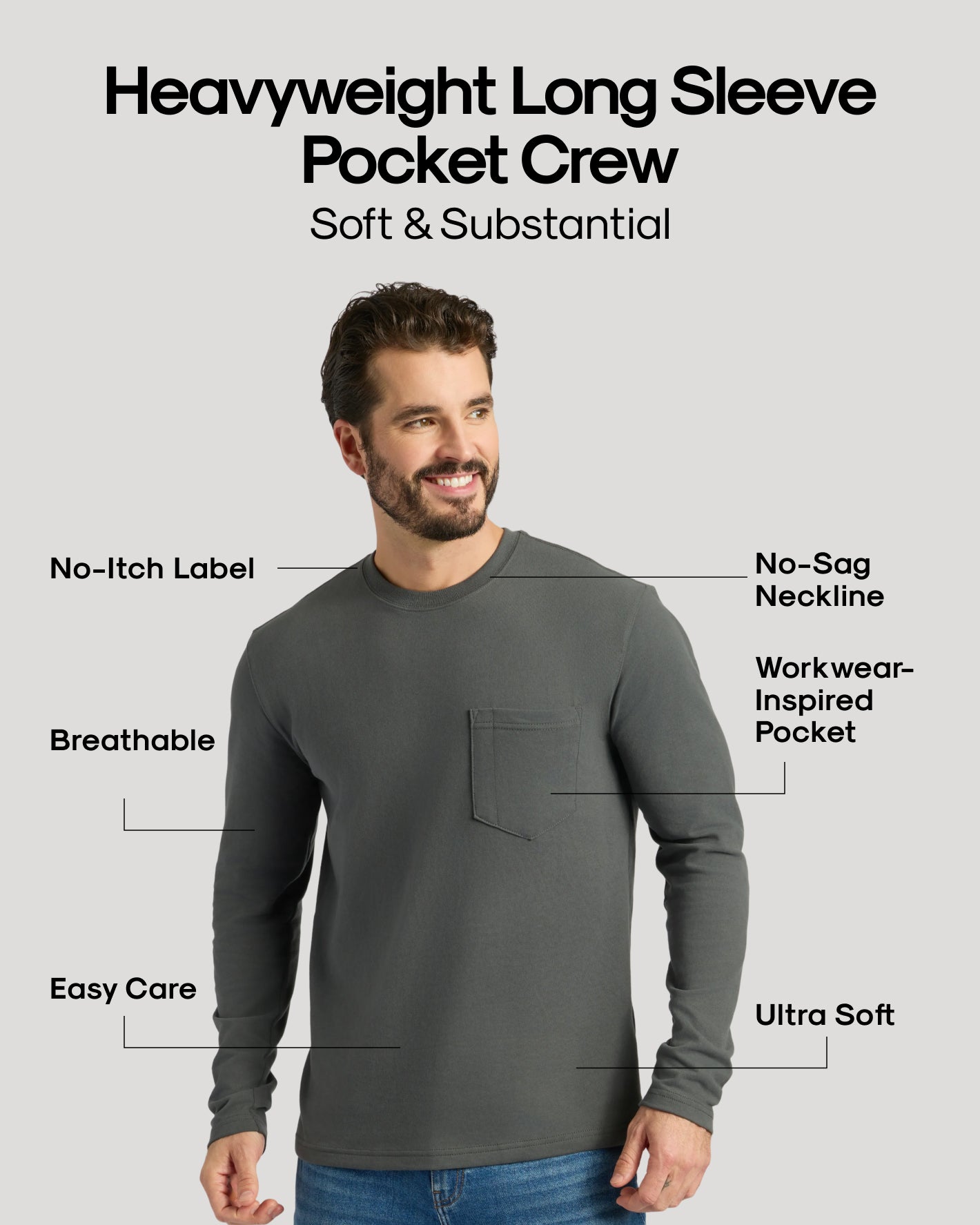 Heavyweight Long Sleeve Pocket Crew in charcoal-gray, featuring a no-itch label and workwear-inspired pocket, part of Black Friday Winter Doorbuster 7-Pack.