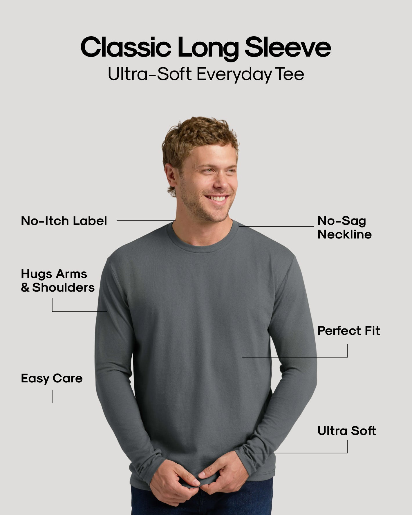 Model in grey crewneck showcasing features of Black Friday Winter Doorbuster 7-Pack.