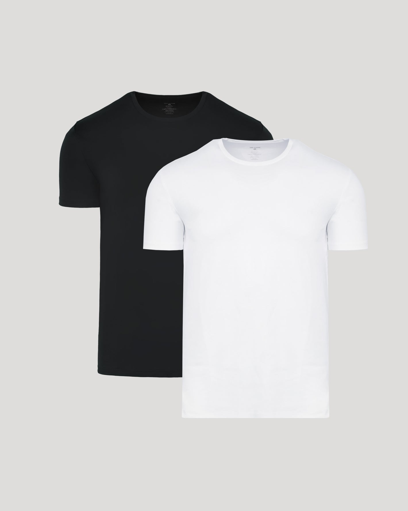 Black & White Premium Pima Crew Neck 2-Pack displayed on gray background.