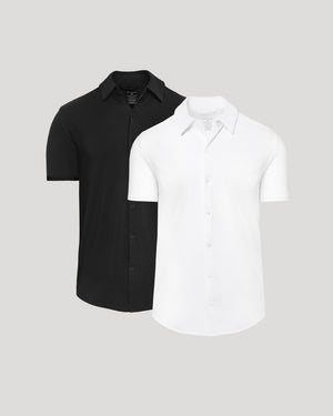 Black & White Short Sleeve Comfort Knit Shirt 2-Pack on gray background.