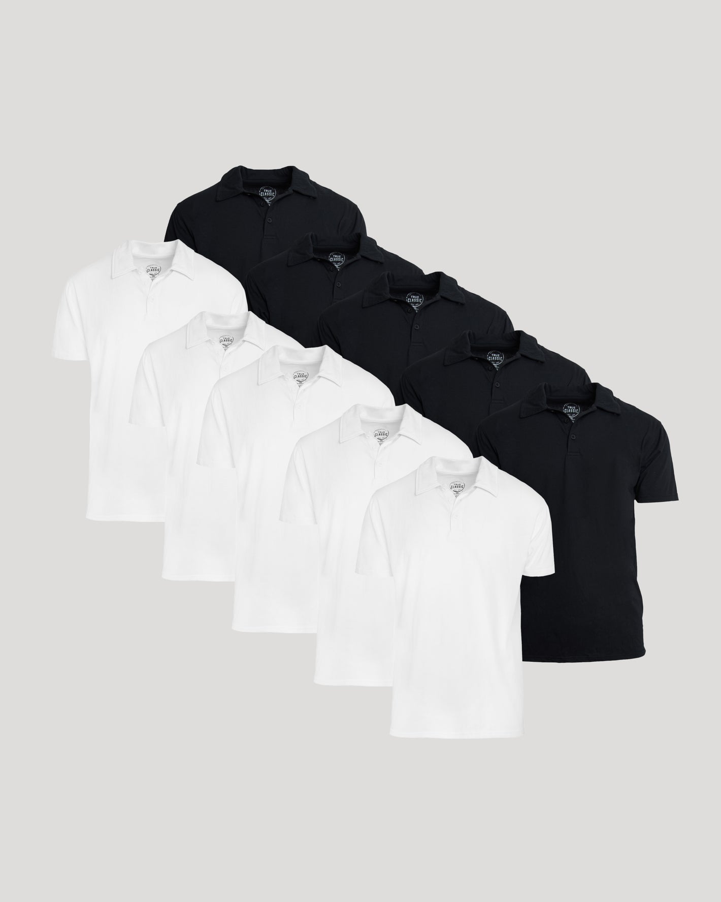 Black & White Classic Polo 10-Pack arranged on a gray backdrop.