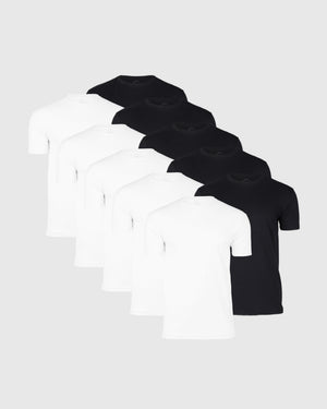 Black and White Crew Neck 10-Pack arranged in staggered overlap.