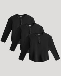 True ClassicBoys' All Black Waffle Long Sleeve Henley 3-Pack, with button plackets.
