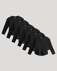 True ClassicBoys' All Black Waffle Long Sleeve Curved Hem Henley 6-Pack displayed.