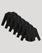 Boys' All Black Waffle Long Sleeve Curved Hem Henley 6-Pack