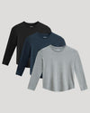 Boys' Classic Long Sleeve Curved Hem Crew Neck 3-Pack layered display.