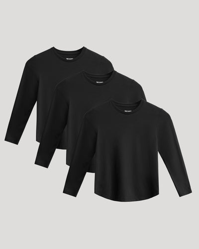 Boys' All Black Classic Long Sleeve Curved Hem Crew Neck 3-Pack