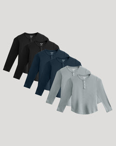 True ClassicBoys' Waffle Long Sleeve Henley 6-Pack arranged in cascading layers.