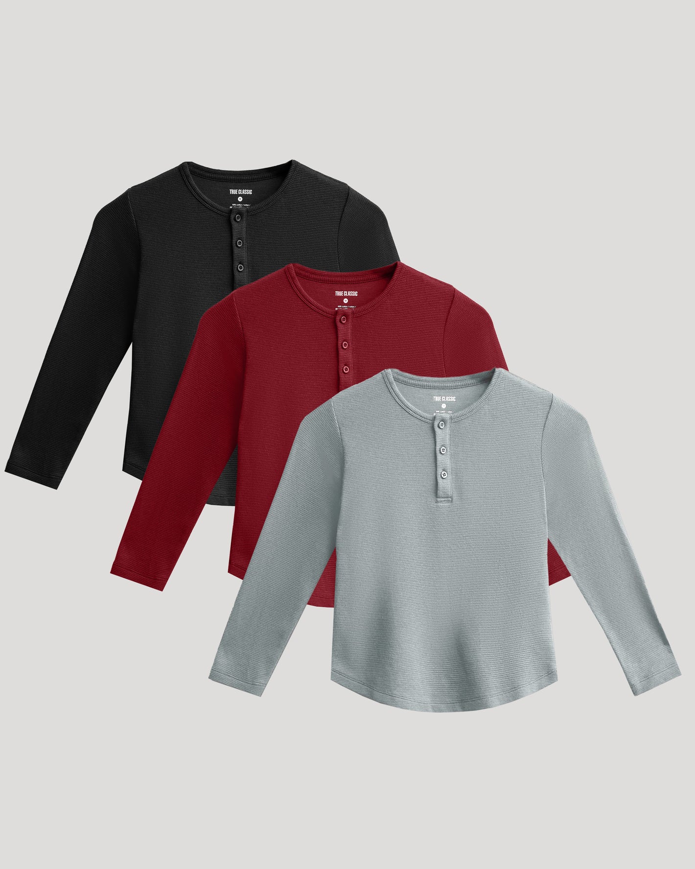 Boys' Waffle Long Sleeve Henley 3-Pack with button plackets.
