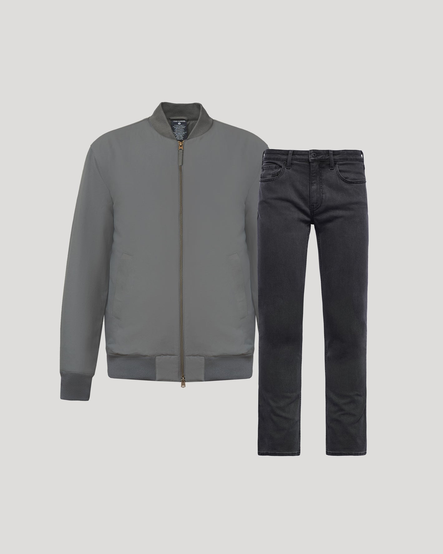 Carbon Bomber Jacket & Comfort Stretch Jeans 2-Pack laid flat.