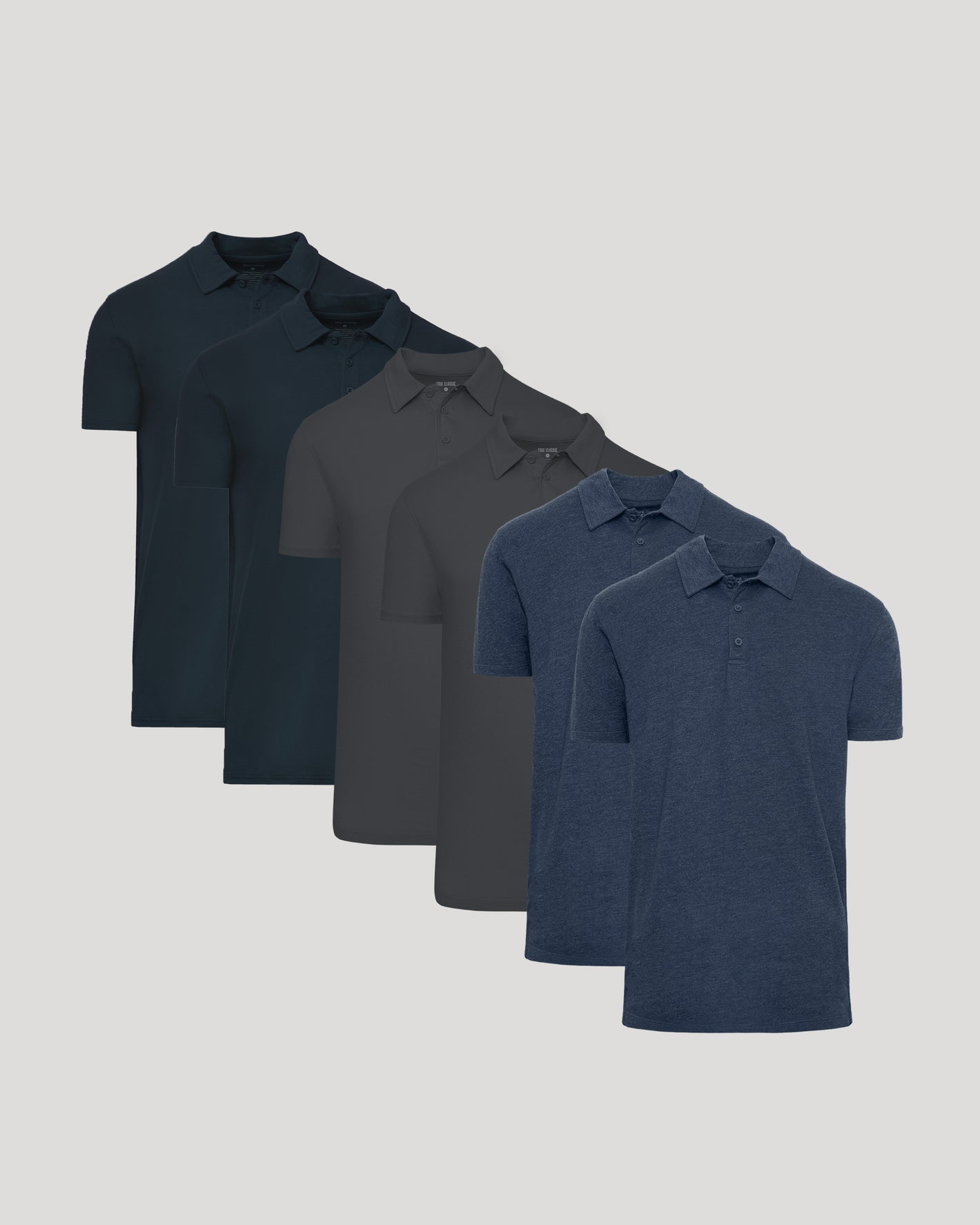 The Essentials Tall Classic Polo 6-Pack lineup of short-sleeve shirts.