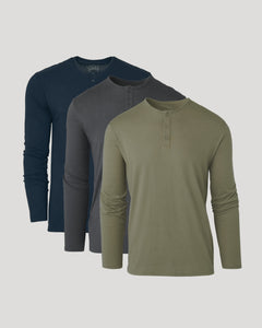 True ClassicClassic Henley 3-Pack: olive, gray, navy long-sleeve shirts with button plackets.