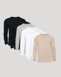 True ClassicFour long-sleeve shirts in black, gray, white, and beige on a light gray background