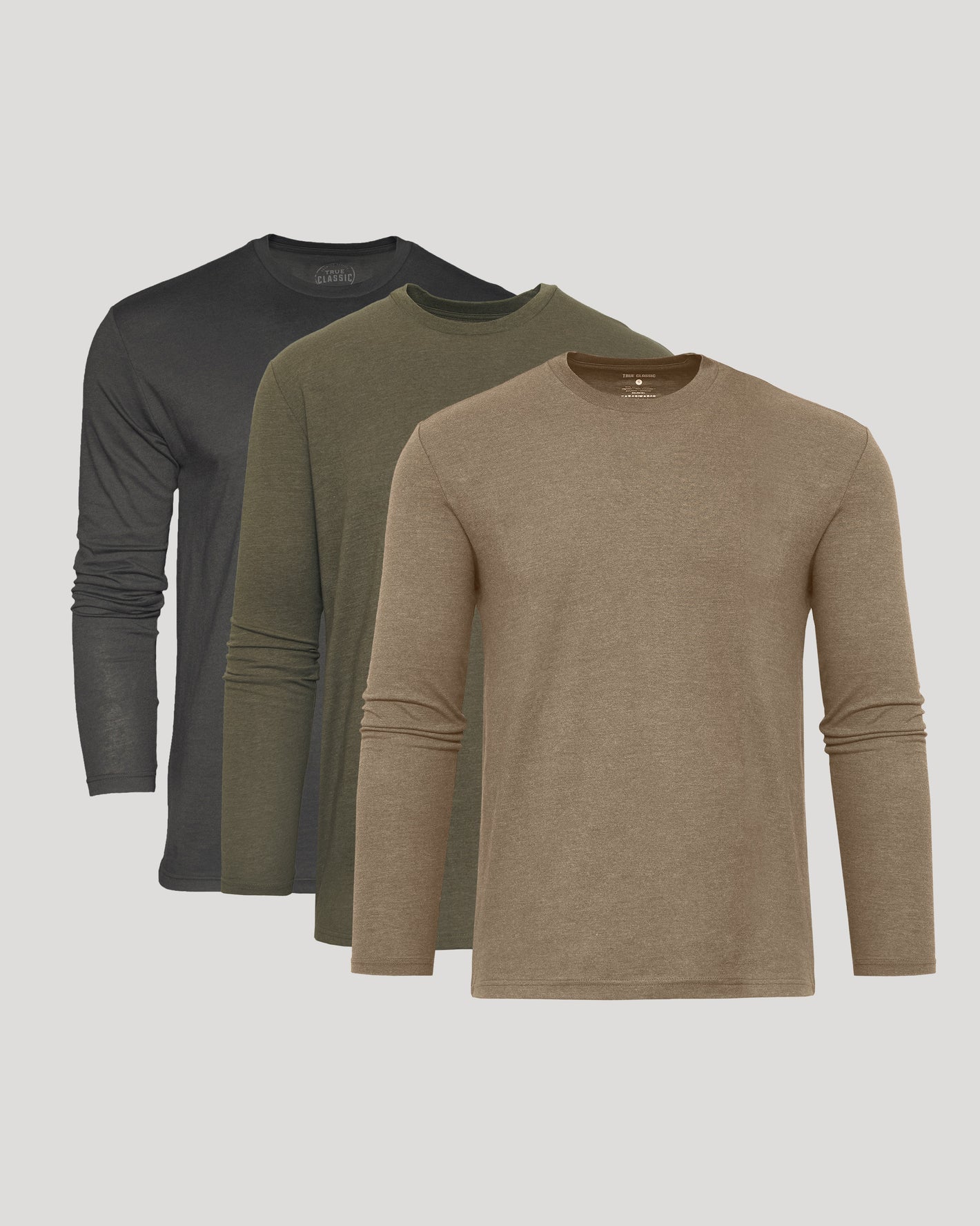 Classic Long Sleeve Crew Neck 3-Pack in tan, olive, charcoal.