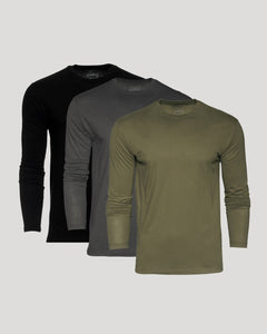 True ClassicClassic Long Sleeve Crew Neck 3-Pack in olive, gray, and black.