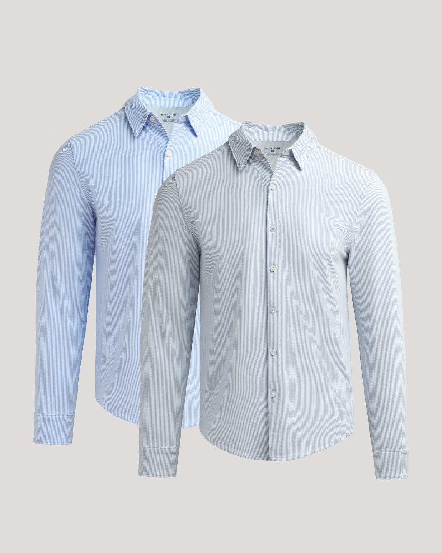 Long Sleeve Stretch Oxford 2-Pack: two pinstripe dress shirts displayed.