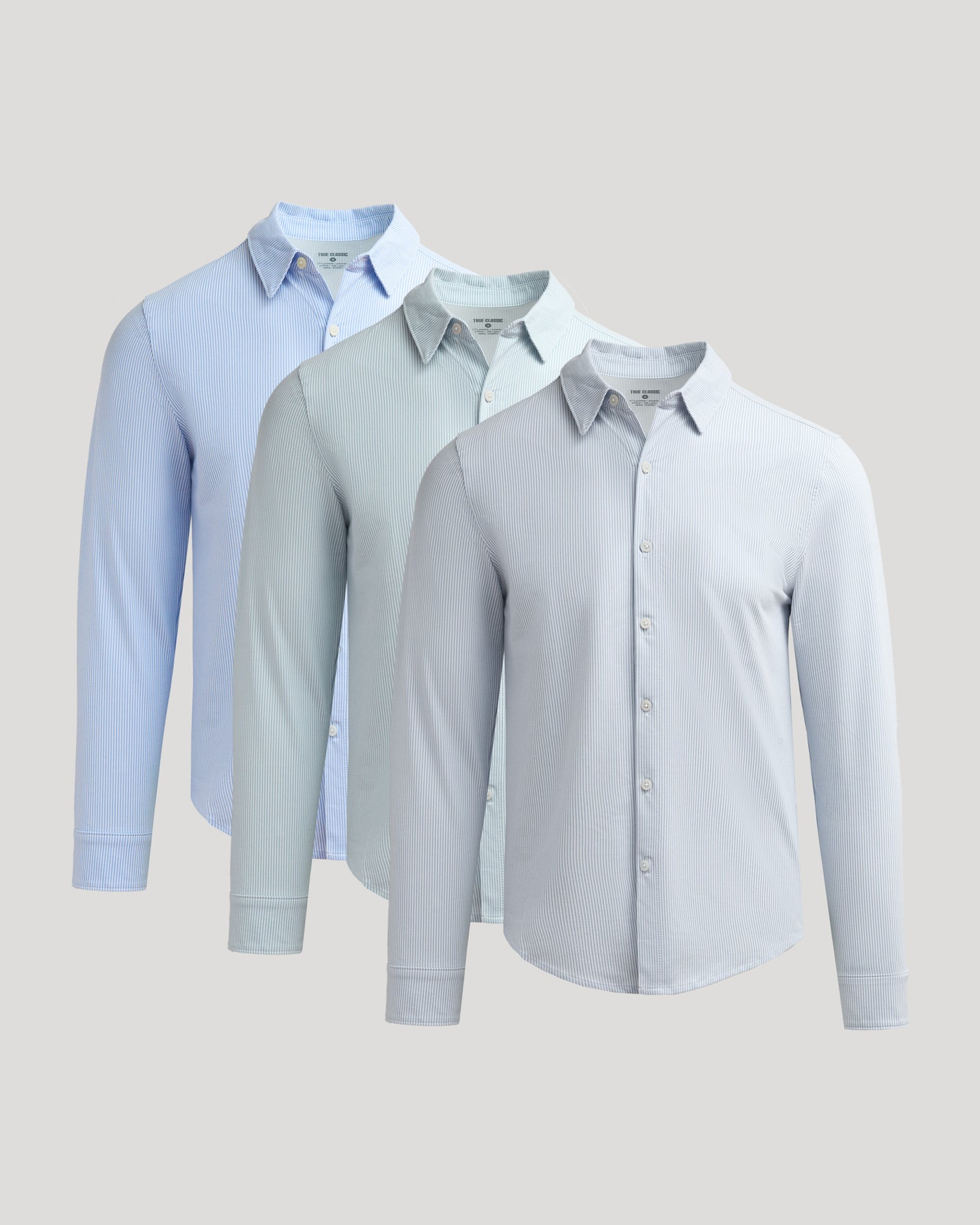 Long Sleeve Stretch Oxford 3-Pack in pastel stripes, button-down style.