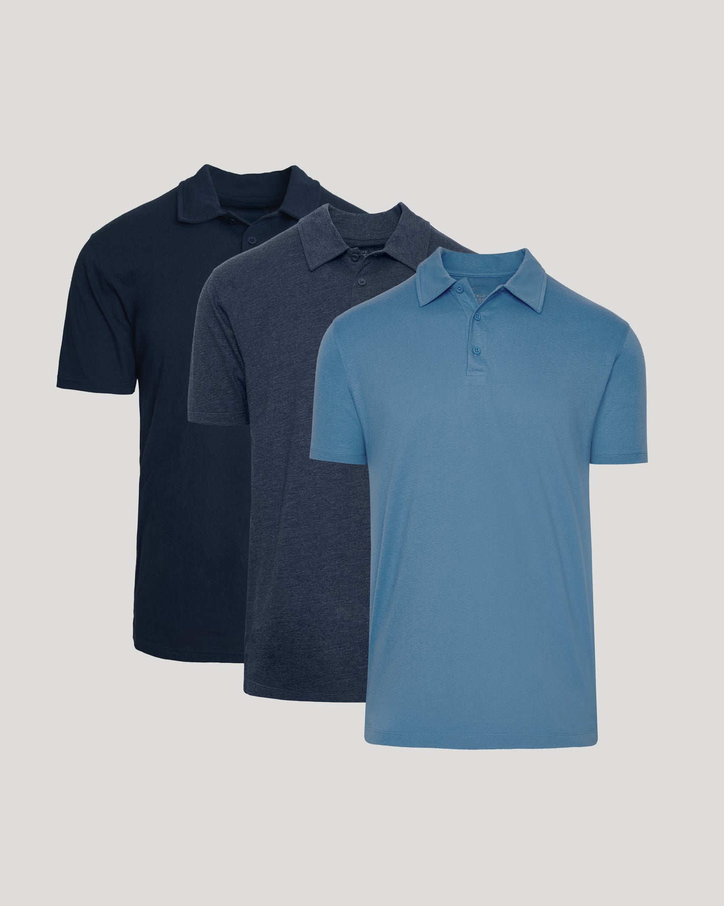 Classic Polo 3-Pack featuring men's polo shirts in varying blue shades.