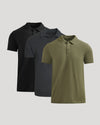 Three polo shirts in black, gray, and green on a light gray background