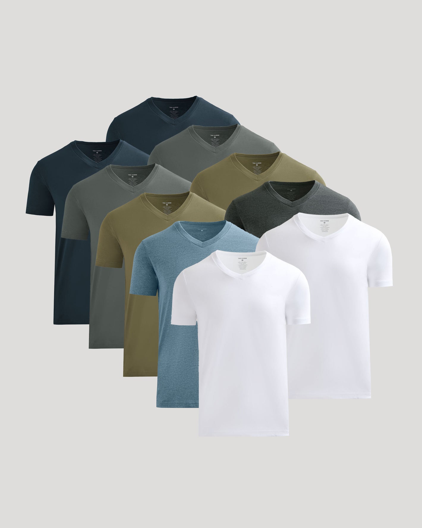 Classic V-Neck 10-Pack of men's fitted T-shirts in assorted solid colors.