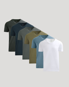 True ClassicClassic V-Neck Tee 6-Pack in assorted solid colors, neatly displayed.