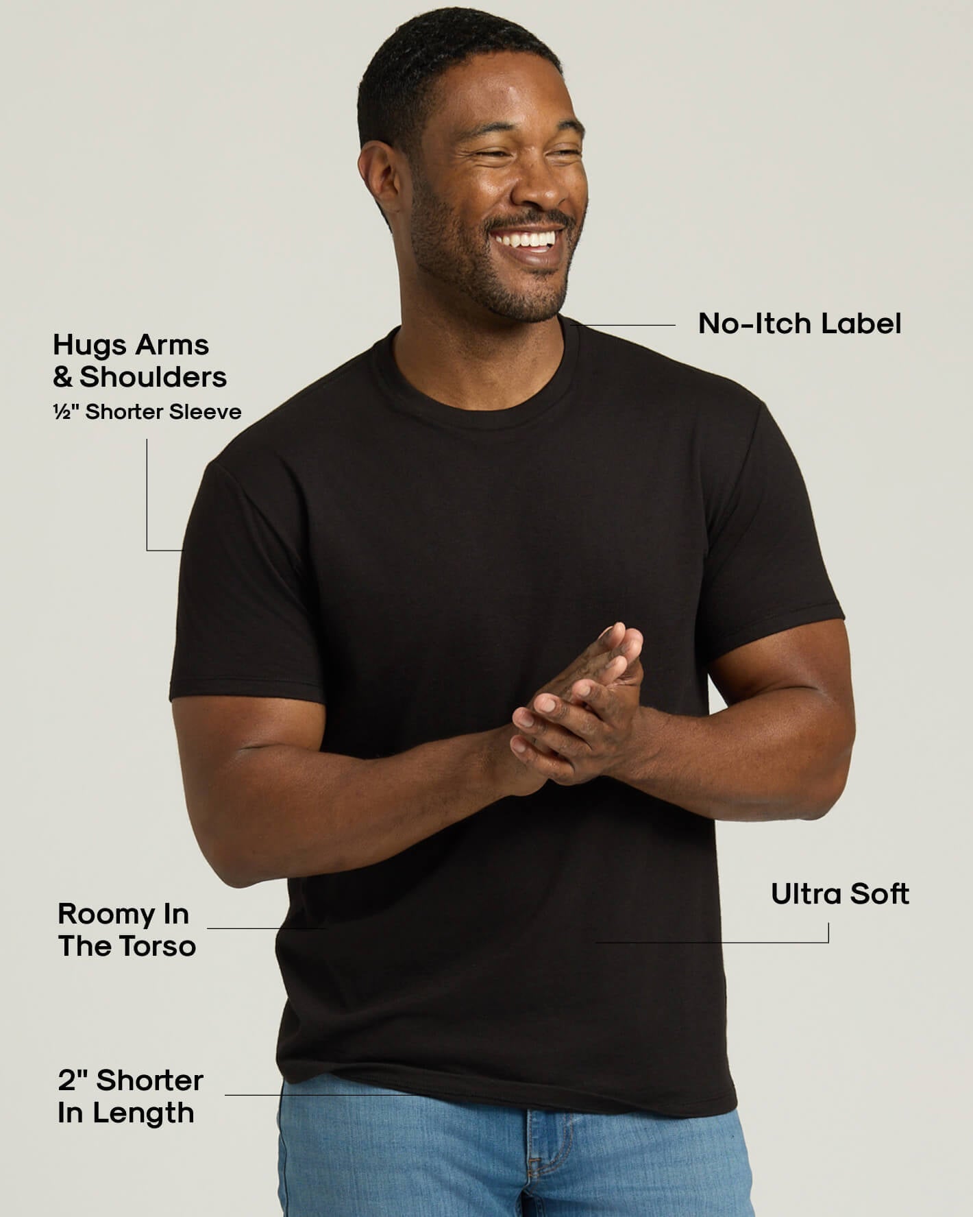 Man wearing a black t-shirt with text highlighting features on a white background