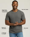 Man wearing a gray t-shirt with text highlighting features on a light gray background