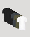 Five plain t-shirts in black, gray, green, and white on a light gray background