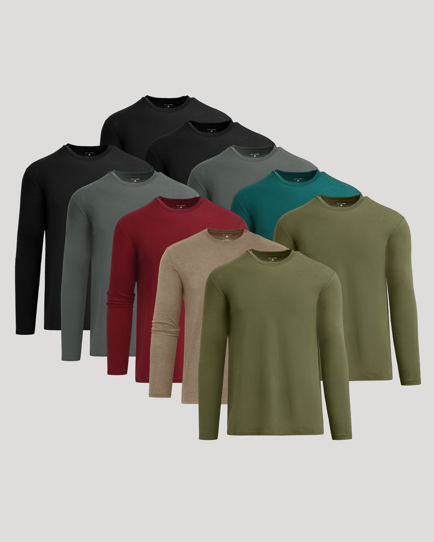 Classic Long Sleeve Crew Neck 10-Pack neatly arranged in muted tones.