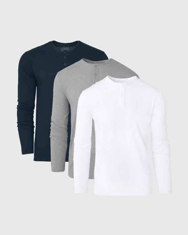 Classic Long Sleeve Henley 3-Pack in white, gray, and navy.