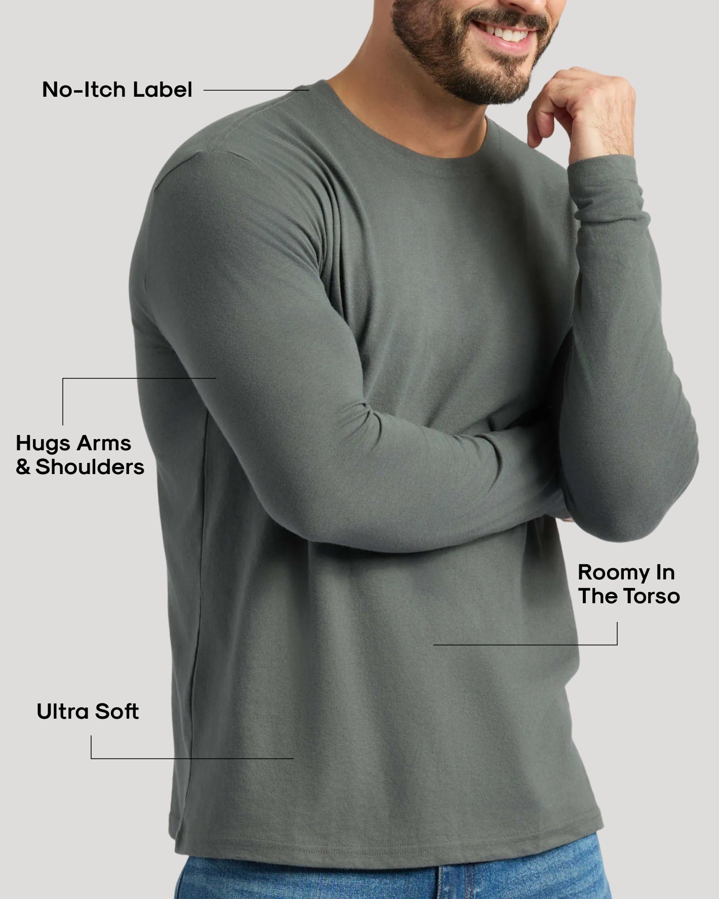 Carbon Classic Long Sleeve Crew Neck highlighting comfort features.