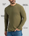 Man in Military Green Classic Long Sleeve Crew Neck, showcasing fit features.