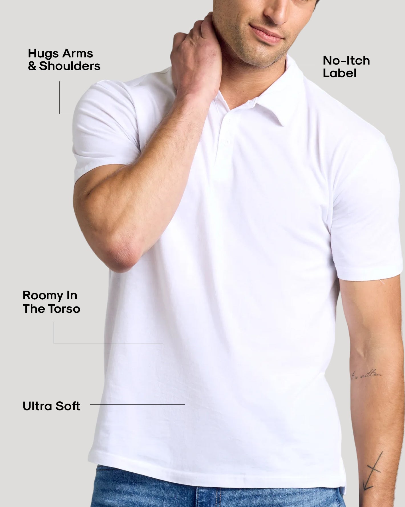 Man wearing All White Classic Polo 2-Pack, showcasing fit and comfort features.