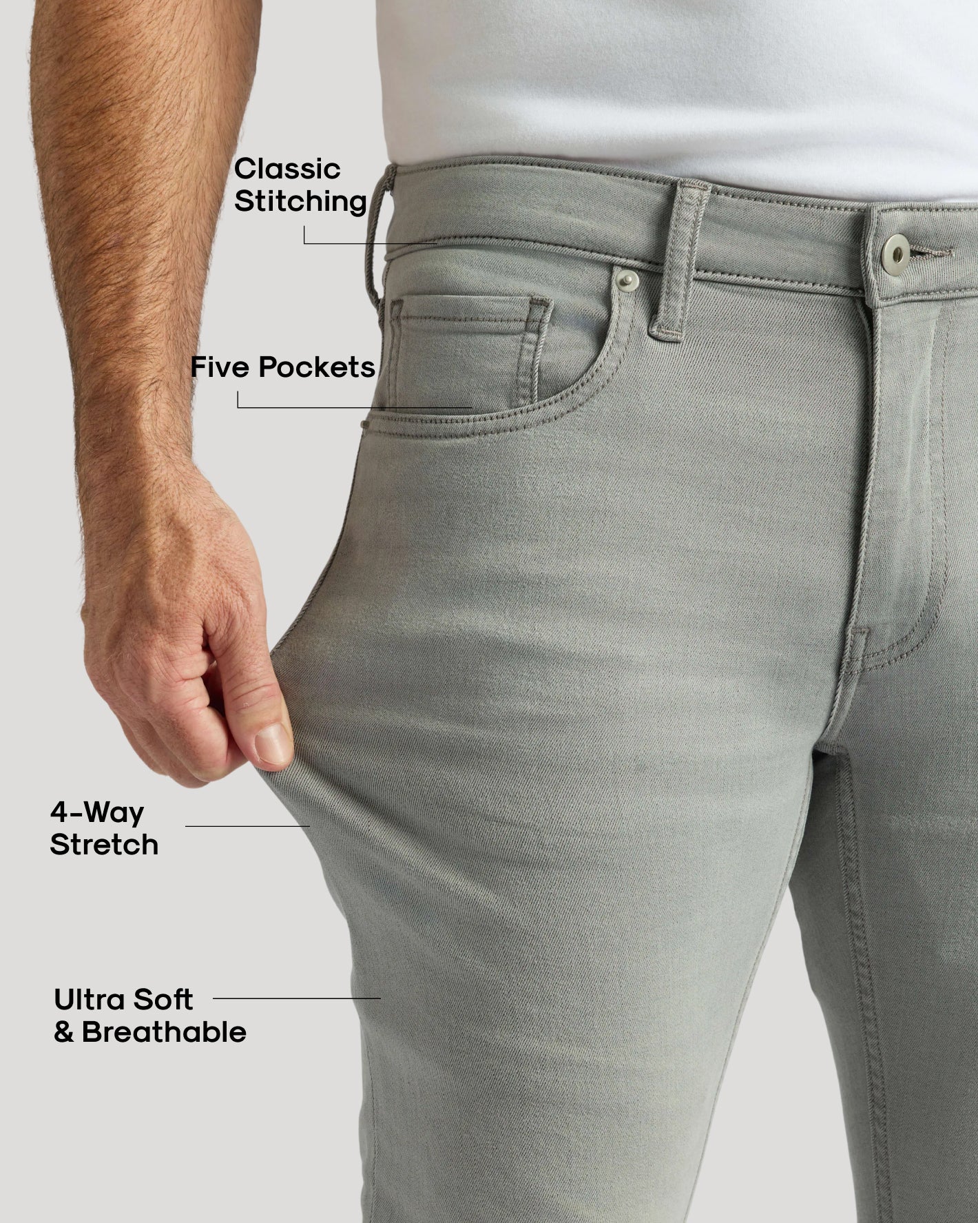 Medium Gray Wash Slim Comfort Stretch Jeans showcasing 4-way stretch fabric.