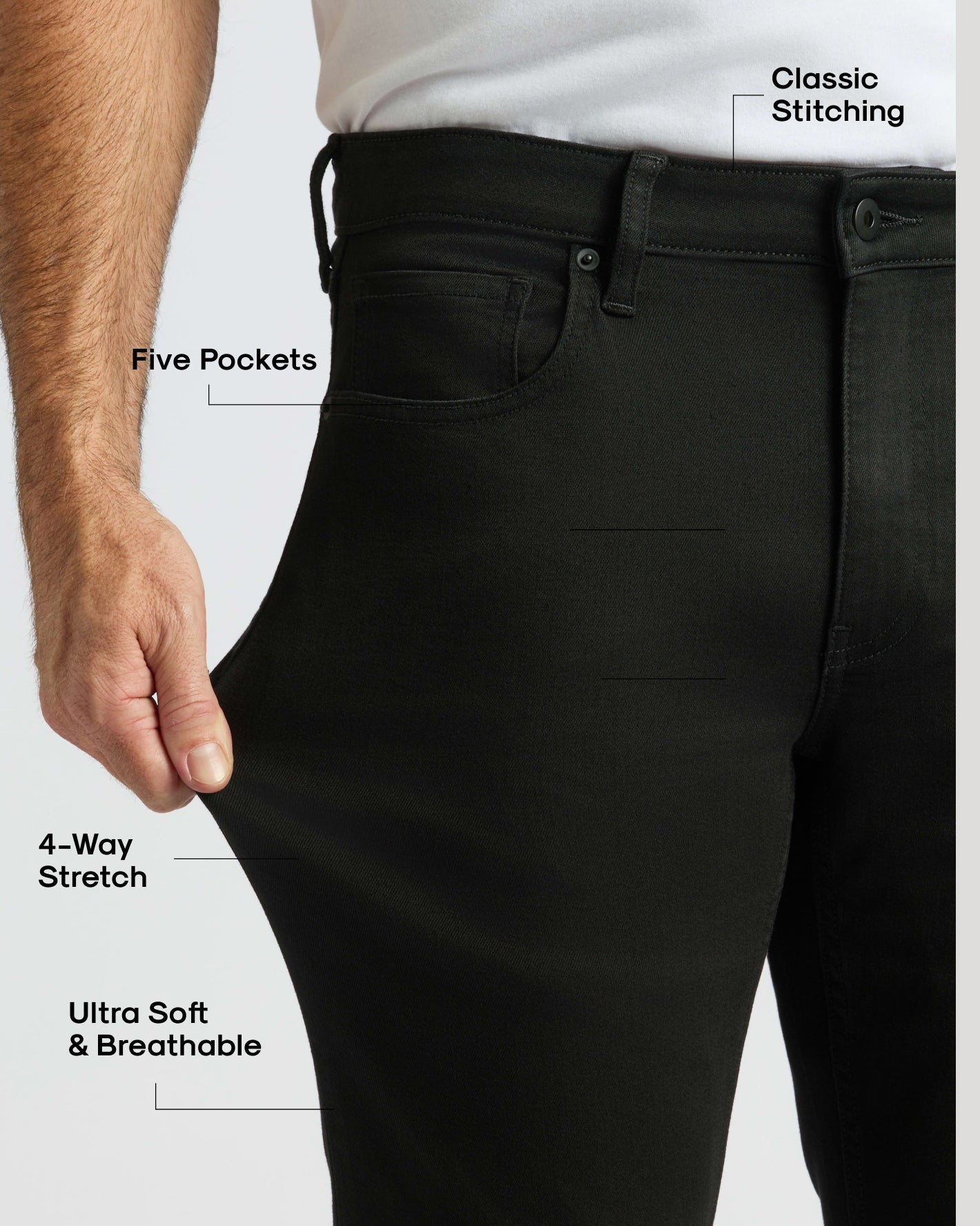 Man demonstrating stretch of Black Wash Straight Comfort Stretch Jeans.