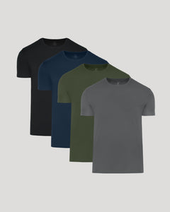 True ClassicCore Premium Pima Crew Neck 4-Pack, sleek crew-neck T-shirts displayed fan-style.