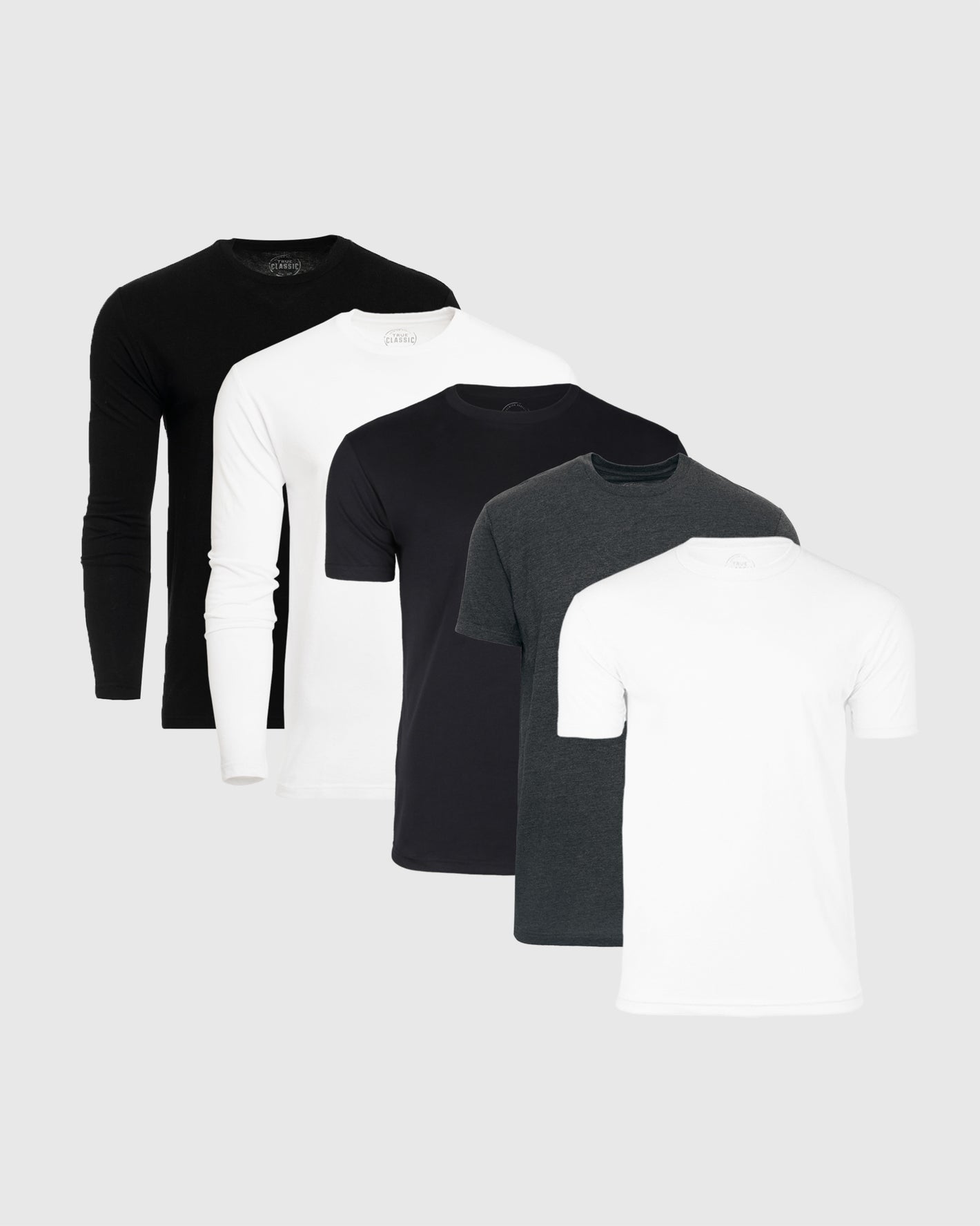 Core Sleeve Variety 5-Pack: Five plain crew-neck T-shirts, staggered display.