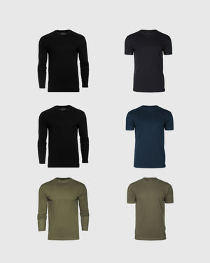 Core Sleeve Variety 6-Pack: six crew-neck shirts in black, navy, olive.