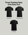 Every Occasion Pack: 3 black crew neck T-shirt styles.