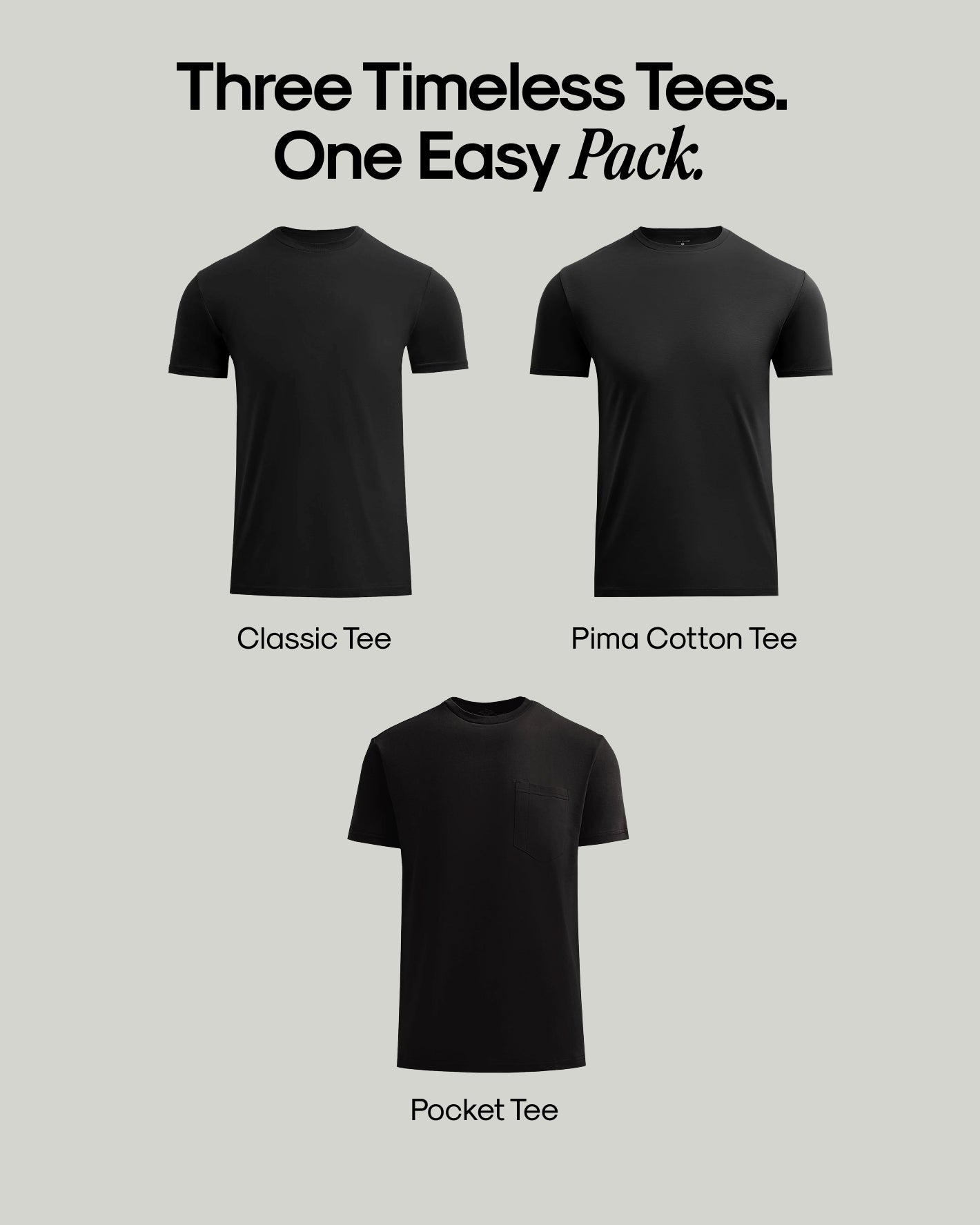Every Occasion Pack: 3 black crew neck T-shirt styles.
