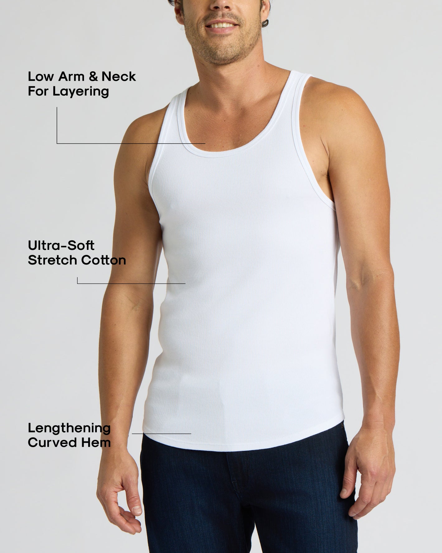 Man wearing a white tank top with text highlighting features on a gray background