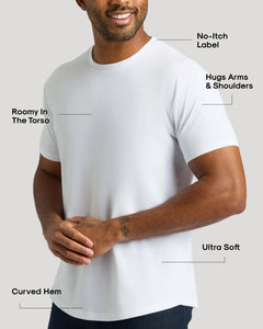 True ClassicWhite Curved Hem Classic Crew Neck 2-Pack with design feature labels.