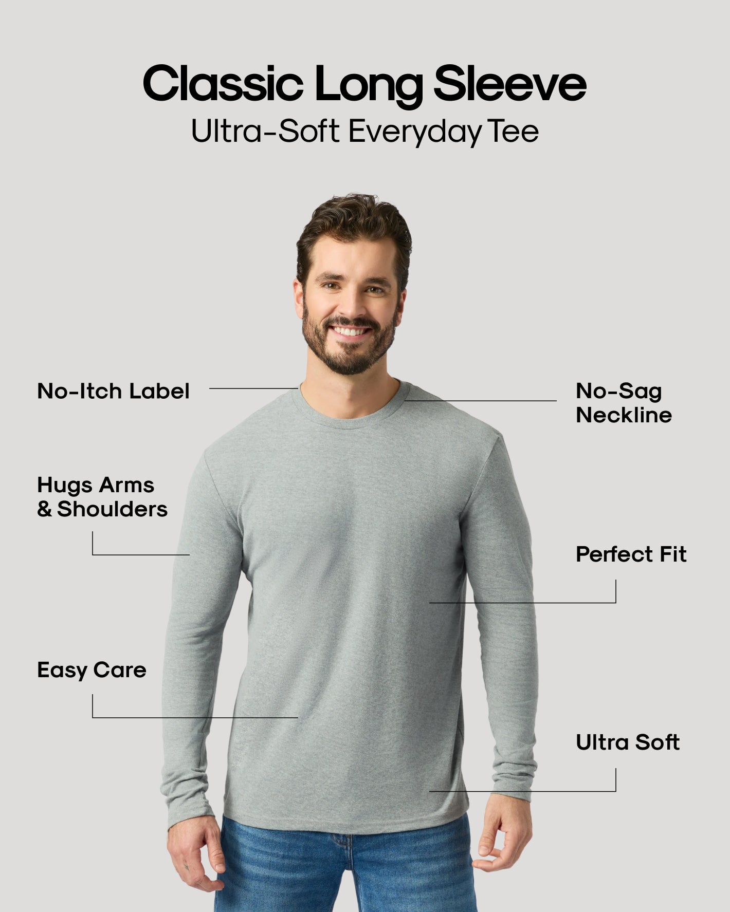 Classic Long Sleeve Ultra-Soft Tee with comfort features highlighted.